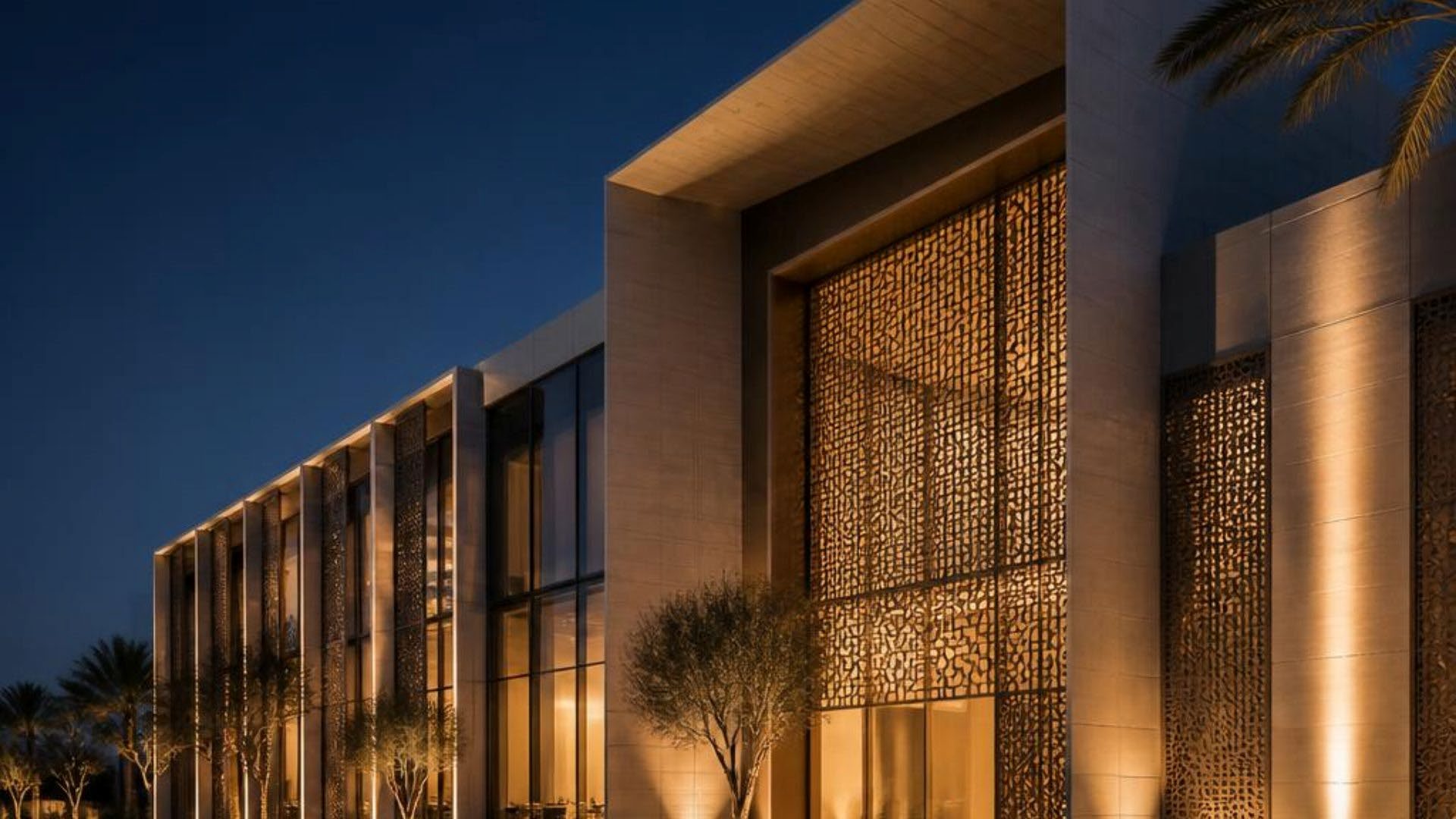 Illuminated contemporary architecture in the UAE at dusk